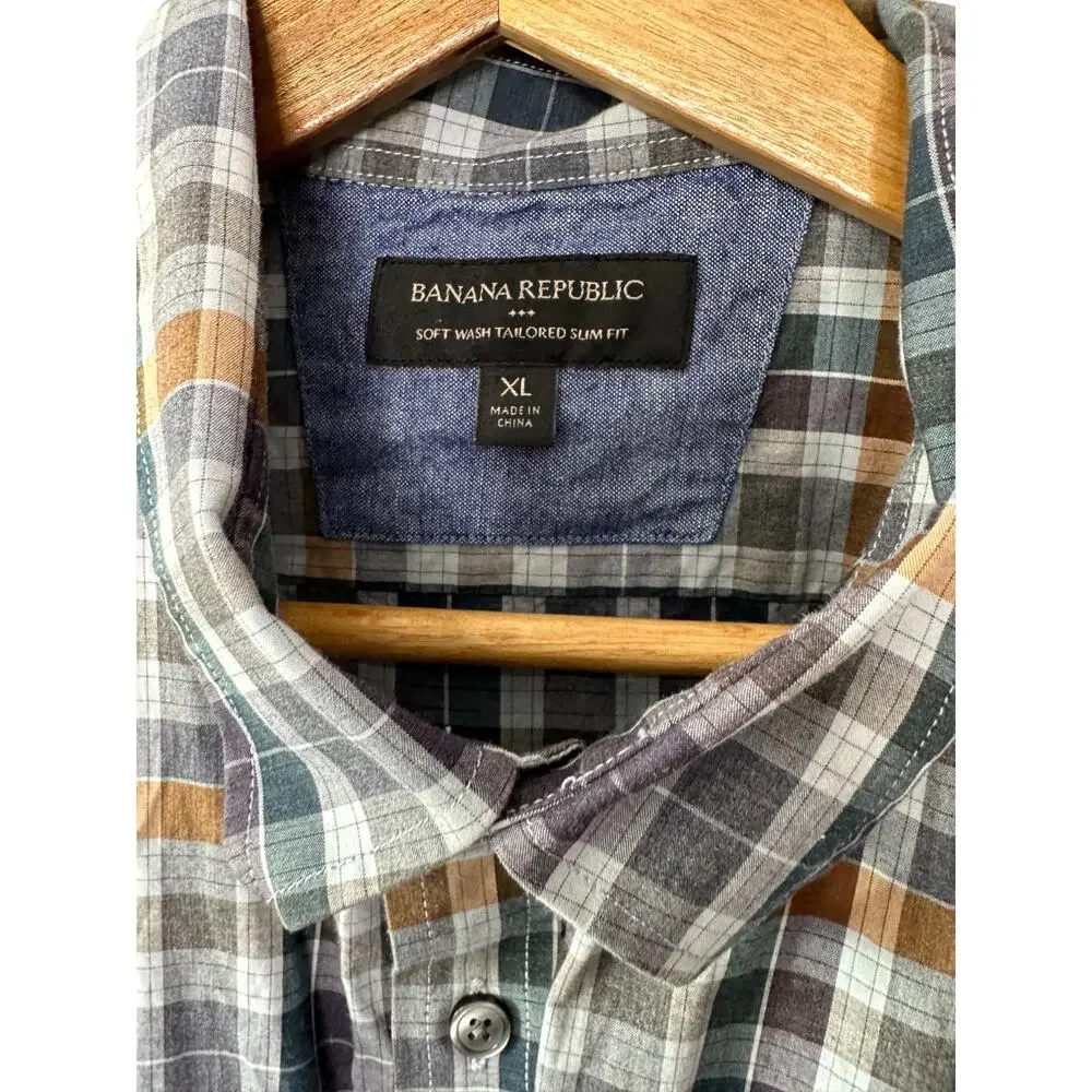 Banana Republic Soft Wash Tailored Slim Fit Button Down Plaid Shirt Men's XL